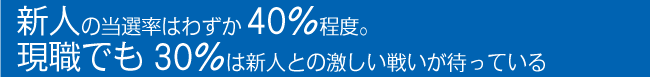新人の当選率はわずか40%程度。現職でも30%は新人との激しい戦いが待っている